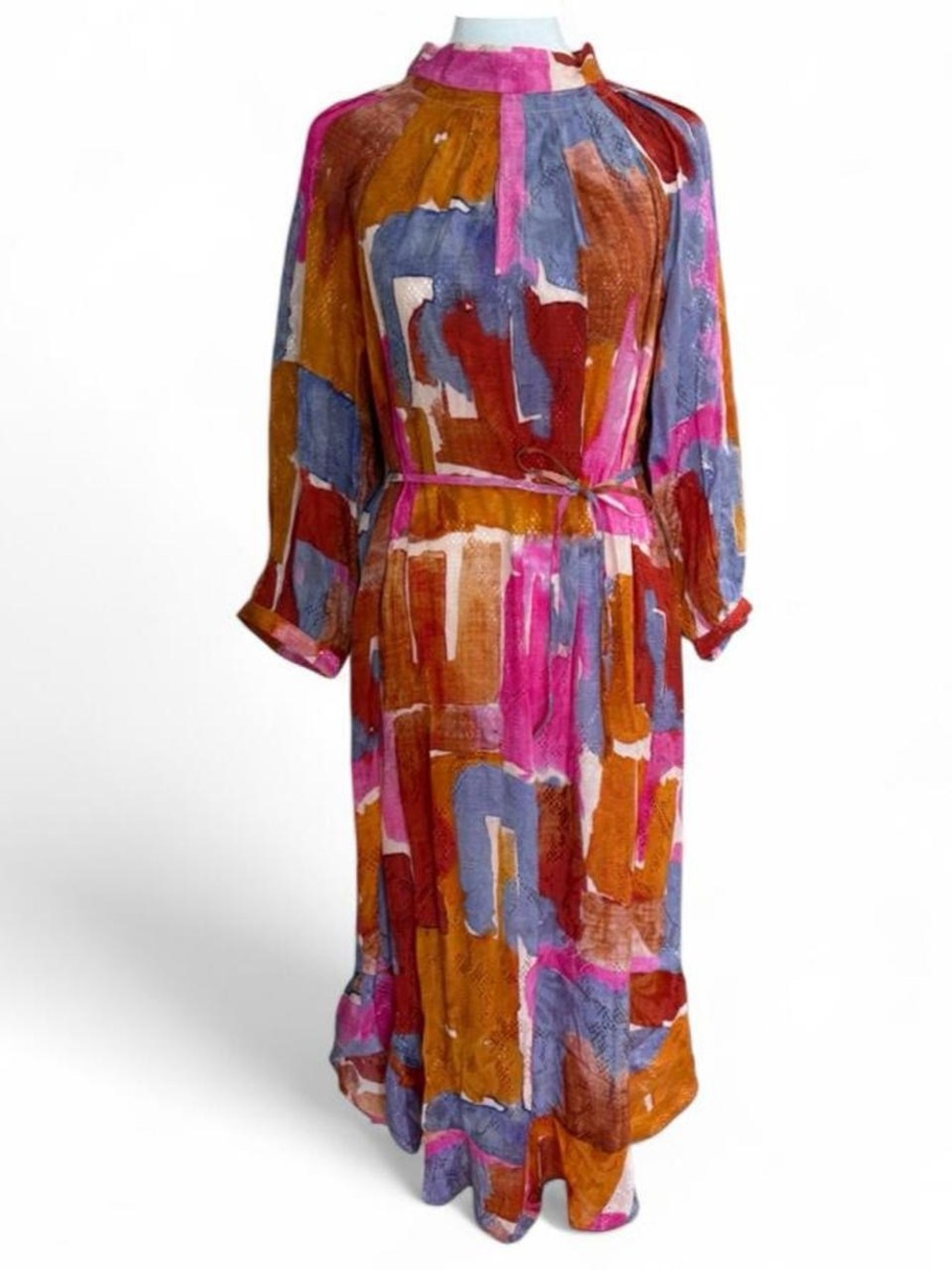 Maeve Abstract Brushstroke Maxi Dress in Orange, Pink & Purple
